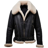 WOMEN'S BLACK LEATHER V-STRIPED SHEARLING BOMBER JACKET