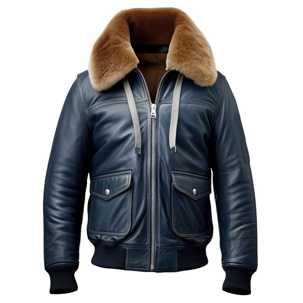 WOMEN'S NAVY BLUE LEATHER SHEARLING BOMBER JACKET