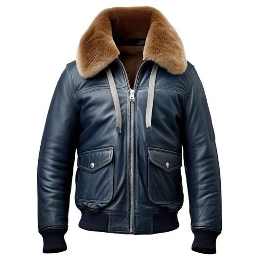 WOMEN'S NAVY BLUE LEATHER SHEARLING BOMBER JACKET