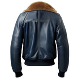 WOMEN'S NAVY BLUE LEATHER SHEARLING BOMBER JACKET