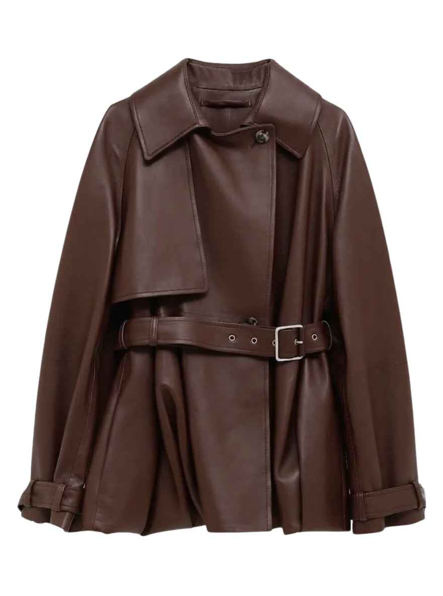 WOMEN'S OVERSIZED BROWN LEATHER BELTED TRENCH JACKET