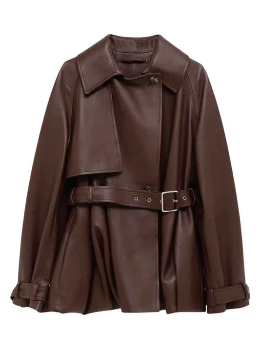 WOMEN'S OVERSIZED BROWN LEATHER BELTED TRENCH JACKET