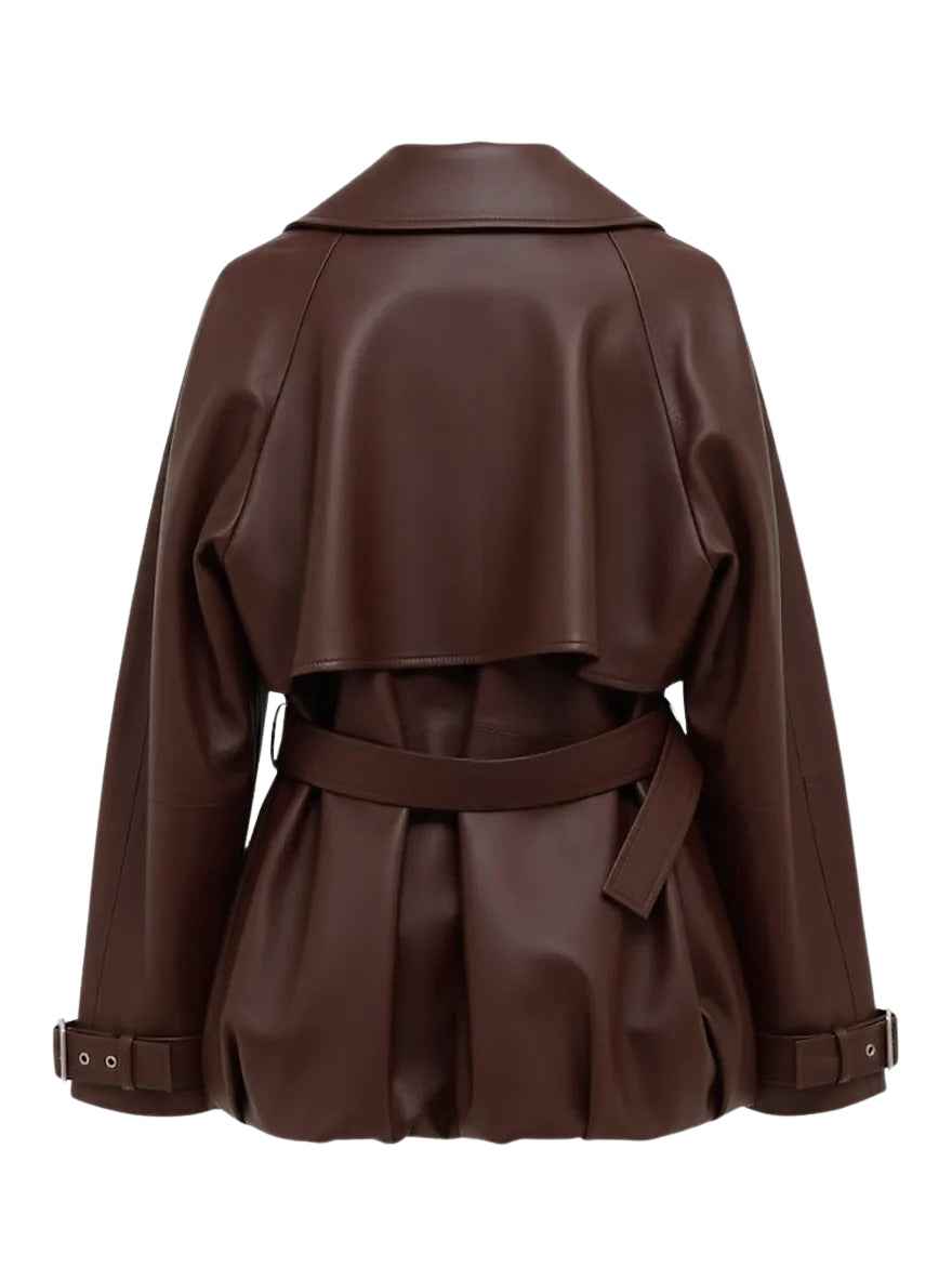 WOMEN'S OVERSIZED BROWN LEATHER BELTED TRENCH JACKET