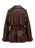 WOMEN'S OVERSIZED BROWN LEATHER BELTED TRENCH JACKET