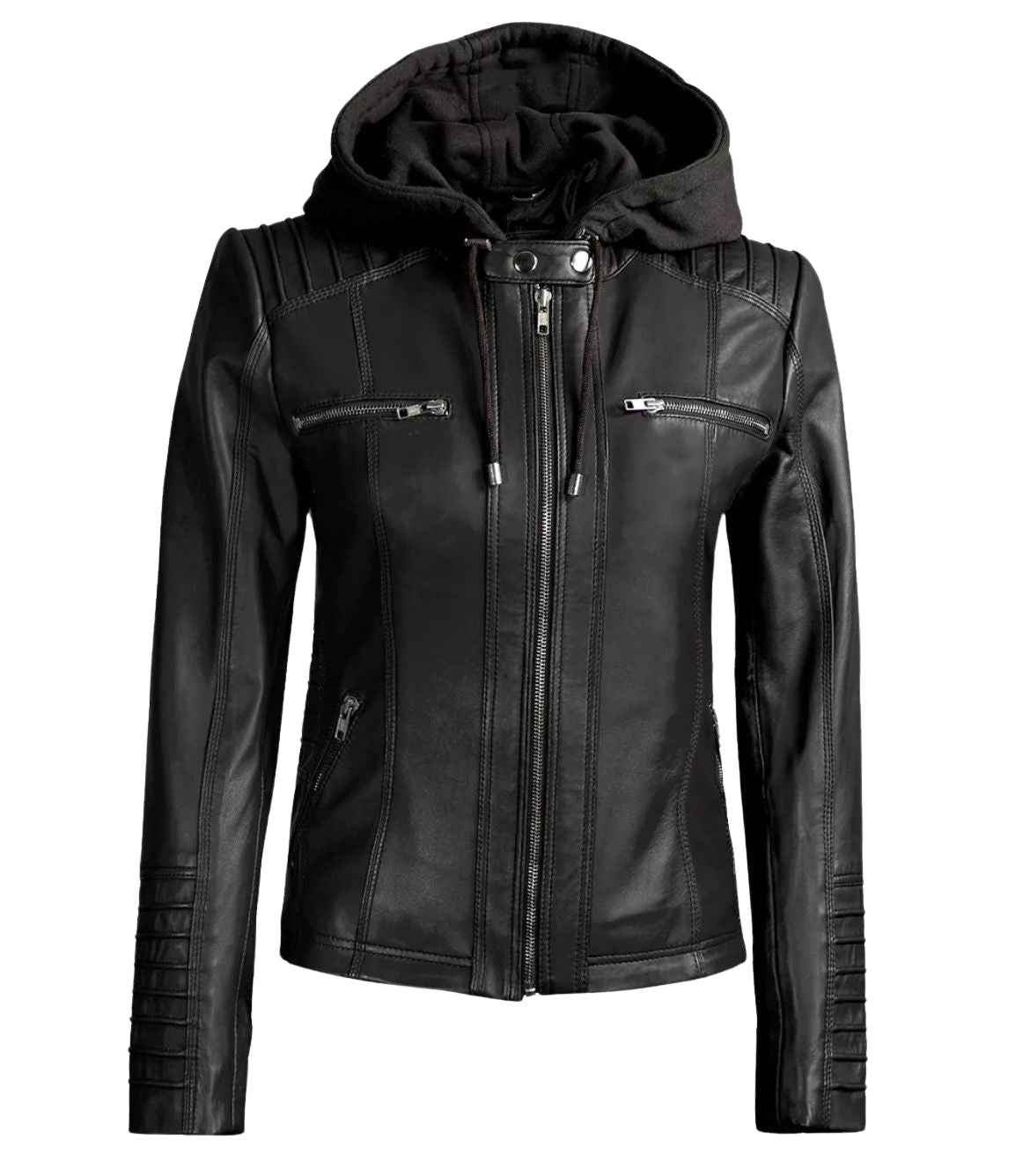WOMEN'S BLACK LEATHER BIKER STYLE JACKET WITH HOODED