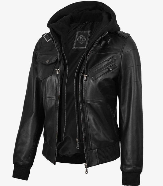 WOMEN'S BLACK LEATHER BIKER STYLE JACKET WITH HOODED