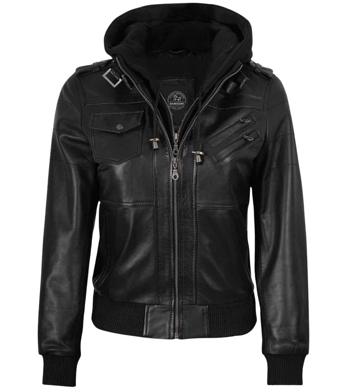 WOMEN'S BLACK LEATHER BIKER STYLE JACKET WITH HOODED
