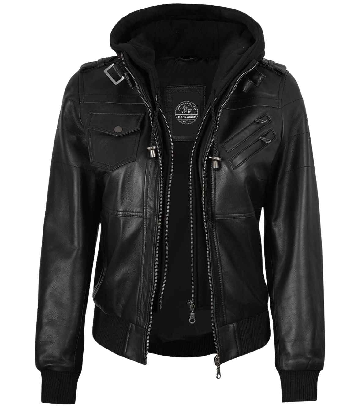 WOMEN'S BLACK LEATHER BIKER STYLE JACKET WITH HOODED