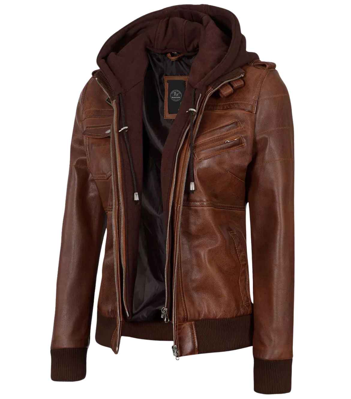 WOMEN'S BROWN LEATHER BIKER STYLE JACKET WITH HOODED