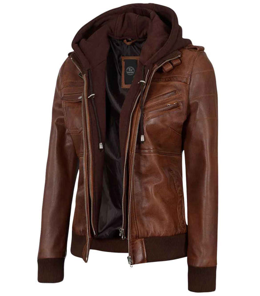 WOMEN'S BROWN LEATHER BIKER STYLE JACKET WITH HOODED