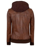 WOMEN'S BROWN LEATHER BIKER STYLE JACKET WITH HOODED