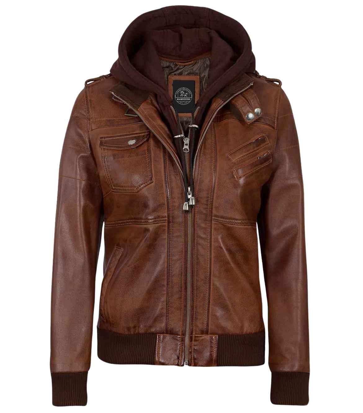 WOMEN'S BROWN LEATHER BIKER STYLE JACKET WITH HOODED