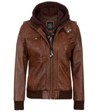 WOMEN'S BROWN LEATHER BIKER STYLE JACKET WITH HOODED