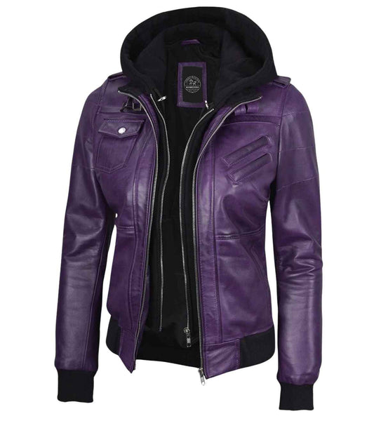 WOMEN'S PURPLE LEATHER BIKER STYLE JACKET WITH HOODED