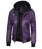 WOMEN'S PURPLE LEATHER BIKER STYLE JACKET WITH HOODED