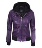 WOMEN'S PURPLE LEATHER BIKER STYLE JACKET WITH HOODED