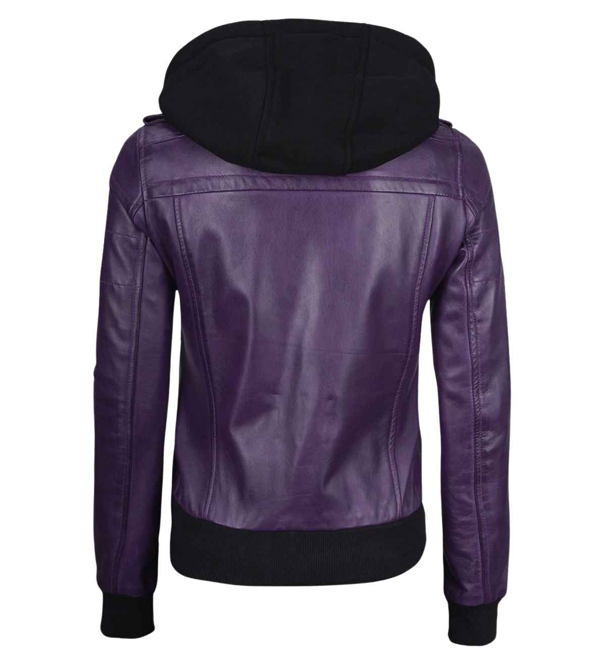 WOMEN'S PURPLE LEATHER BIKER STYLE JACKET WITH HOODED