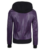 WOMEN'S PURPLE LEATHER BIKER STYLE JACKET WITH HOODED