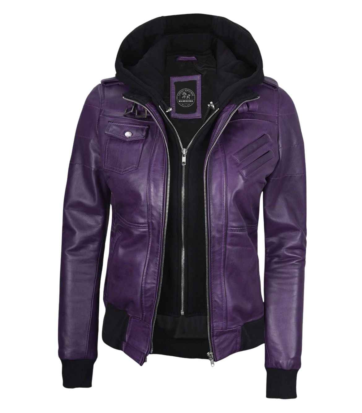 WOMEN'S PURPLE LEATHER BIKER STYLE JACKET WITH HOODED