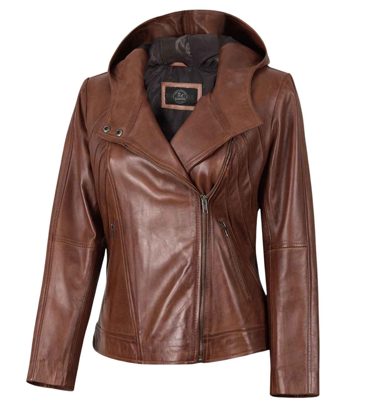 WOMEN'S BROWN ASYMMETRICAL BIKER STYLE LEATHER JACKET WITH HOODED