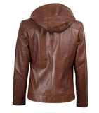 WOMEN'S BROWN ASYMMETRICAL BIKER STYLE LEATHER JACKET WITH HOODED