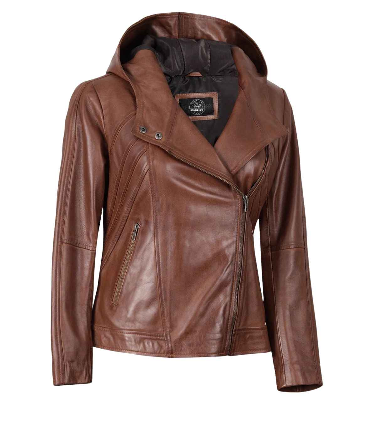 WOMEN'S BROWN ASYMMETRICAL BIKER STYLE LEATHER JACKET WITH HOODED