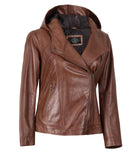 WOMEN'S BROWN ASYMMETRICAL BIKER STYLE LEATHER JACKET WITH HOODED
