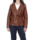 WOMEN'S BROWN ASYMMETRICAL BIKER STYLE LEATHER JACKET WITH HOODED