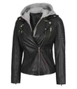 WOMEN'S BLACK ASYMMETRICAL BIKER STYLE LEATHER JACKET WITH HOODED