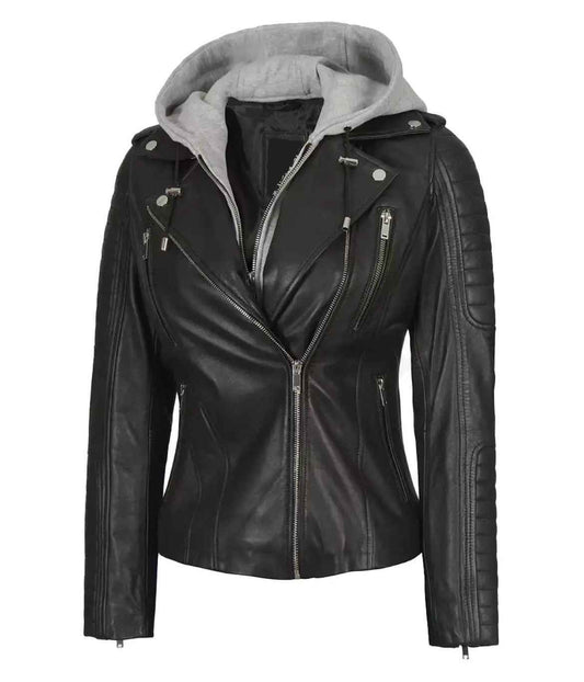 WOMEN'S BLACK ASYMMETRICAL BIKER STYLE LEATHER JACKET WITH HOODED