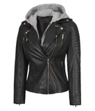 WOMEN'S BLACK ASYMMETRICAL BIKER STYLE LEATHER JACKET WITH HOODED