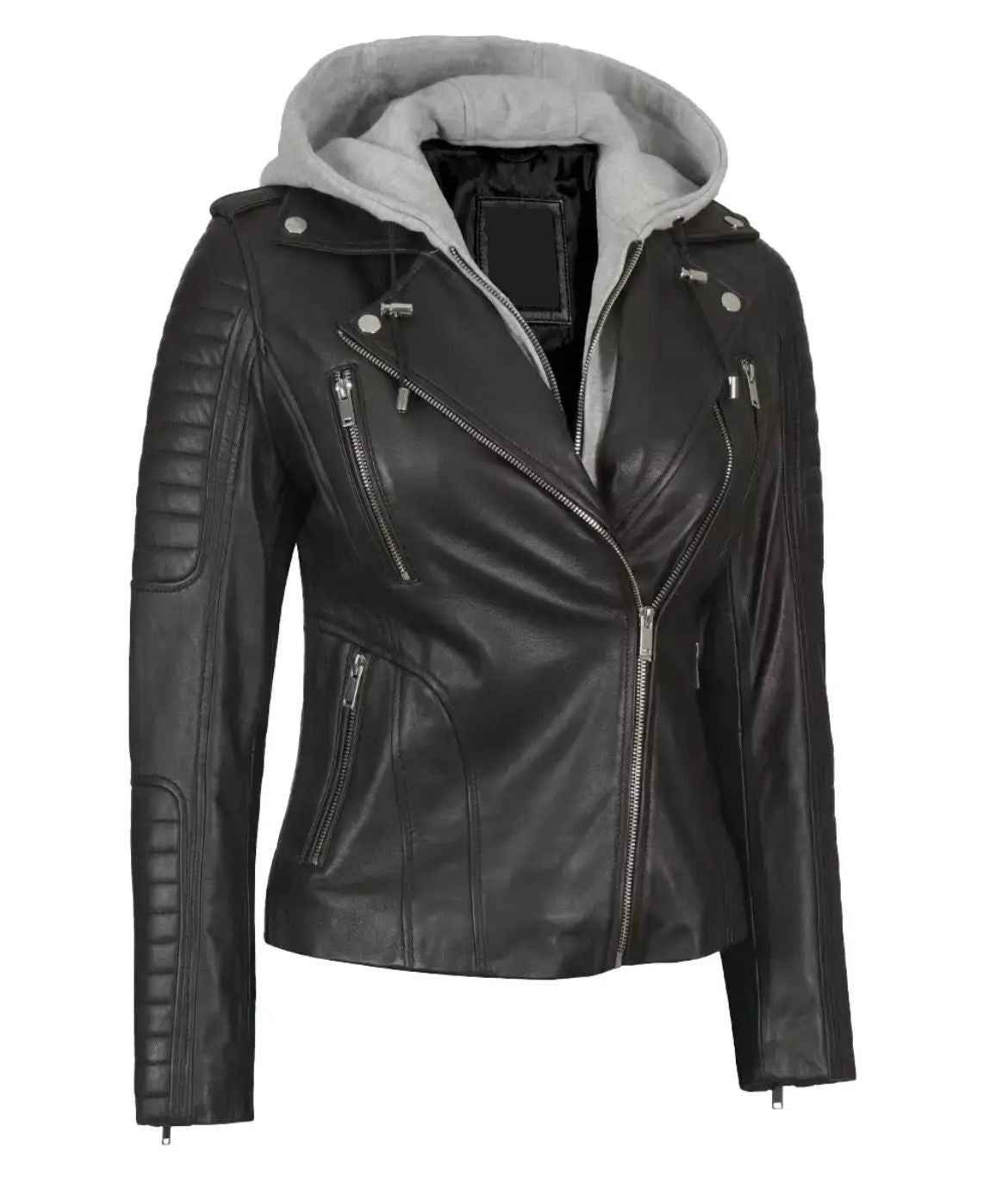 WOMEN'S BLACK ASYMMETRICAL BIKER STYLE LEATHER JACKET WITH HOODED