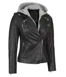 WOMEN'S BLACK ASYMMETRICAL BIKER STYLE LEATHER JACKET WITH HOODED