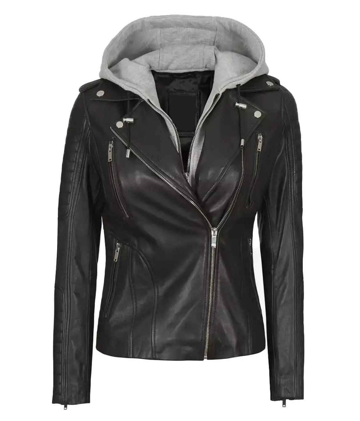 WOMEN'S BLACK ASYMMETRICAL BIKER STYLE LEATHER JACKET WITH HOODED