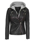 WOMEN'S BLACK ASYMMETRICAL BIKER STYLE LEATHER JACKET WITH HOODED