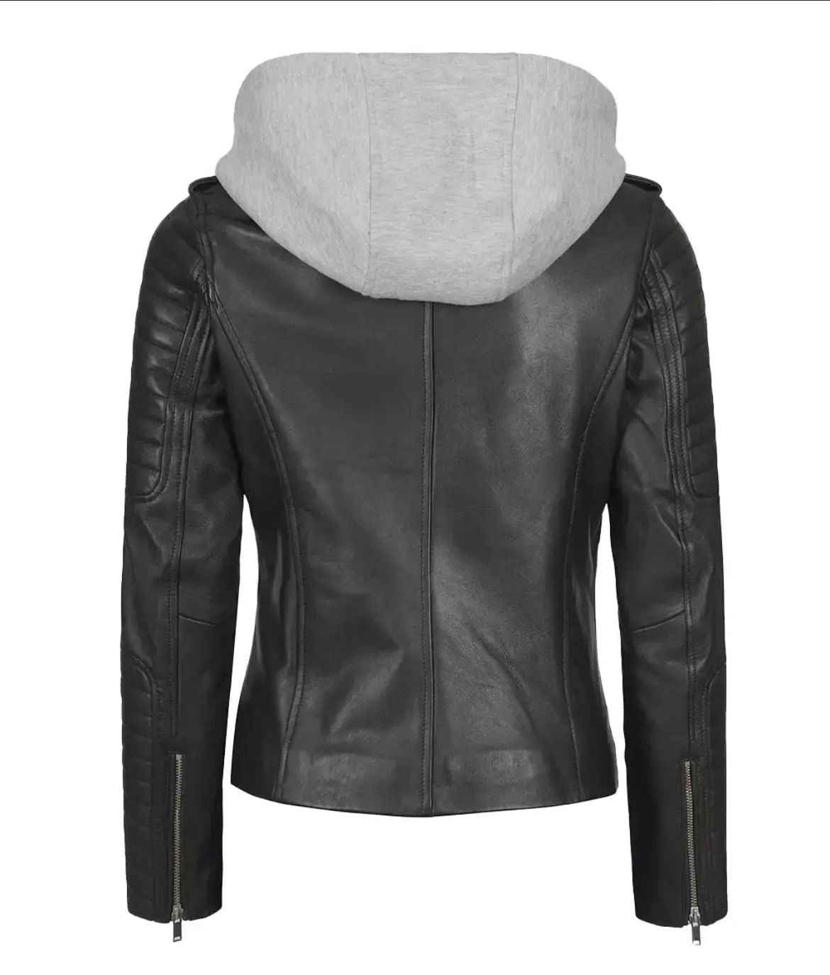 WOMEN'S BLACK ASYMMETRICAL BIKER STYLE LEATHER JACKET WITH HOODED