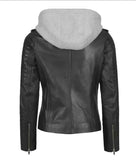 WOMEN'S BLACK ASYMMETRICAL BIKER STYLE LEATHER JACKET WITH HOODED