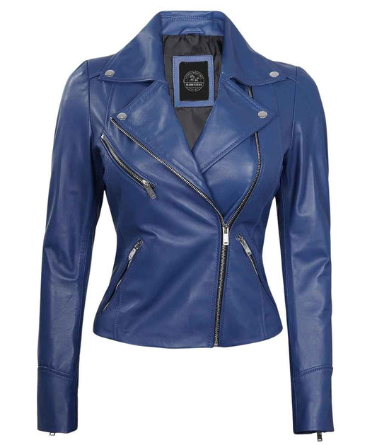 WOMEN'S BLUE LEATHER BIKER JACKET