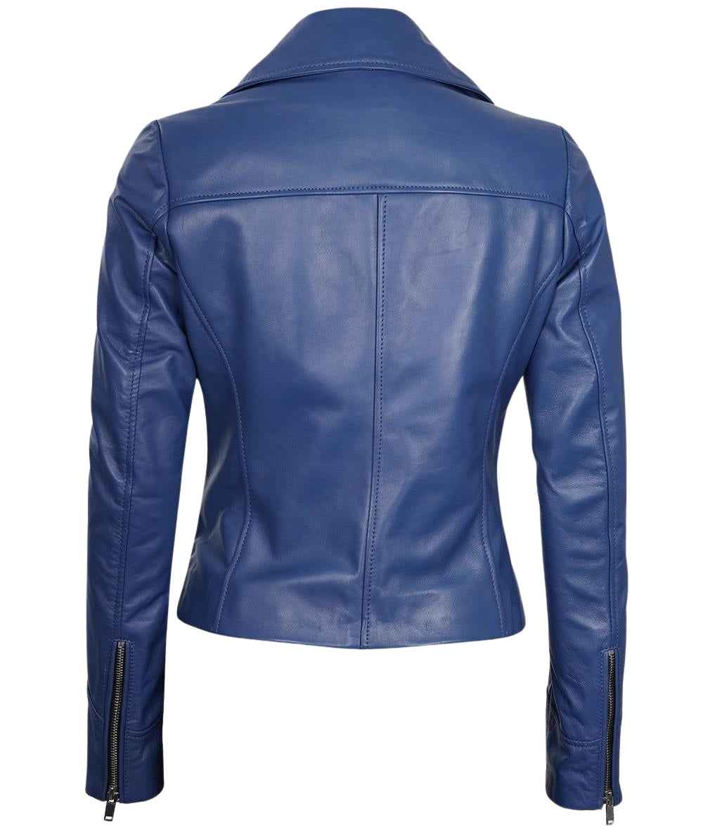 WOMEN'S BLUE LEATHER BIKER JACKET