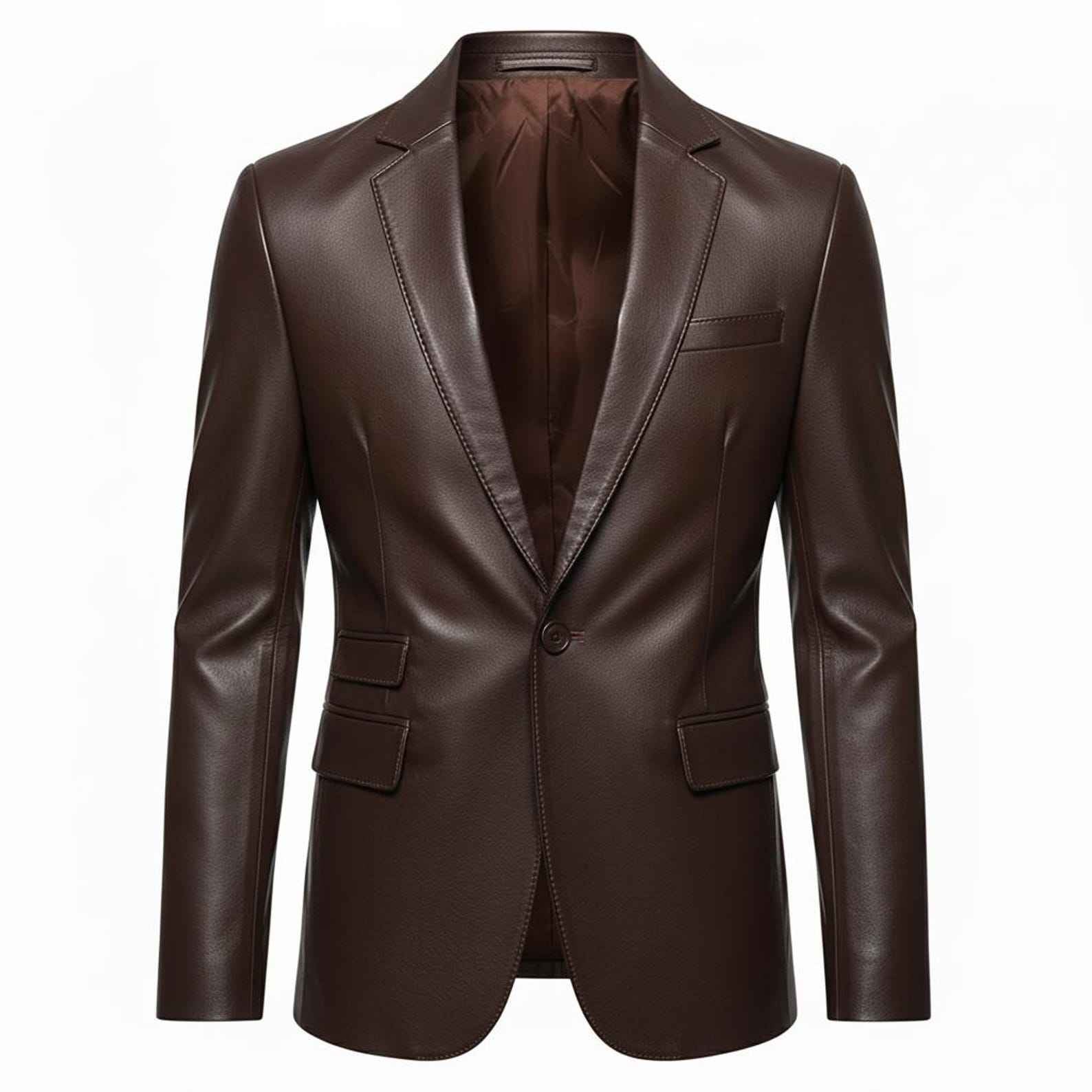 WOMEN'S SLIM FIT BROWN LEATHER BLAZER COAT