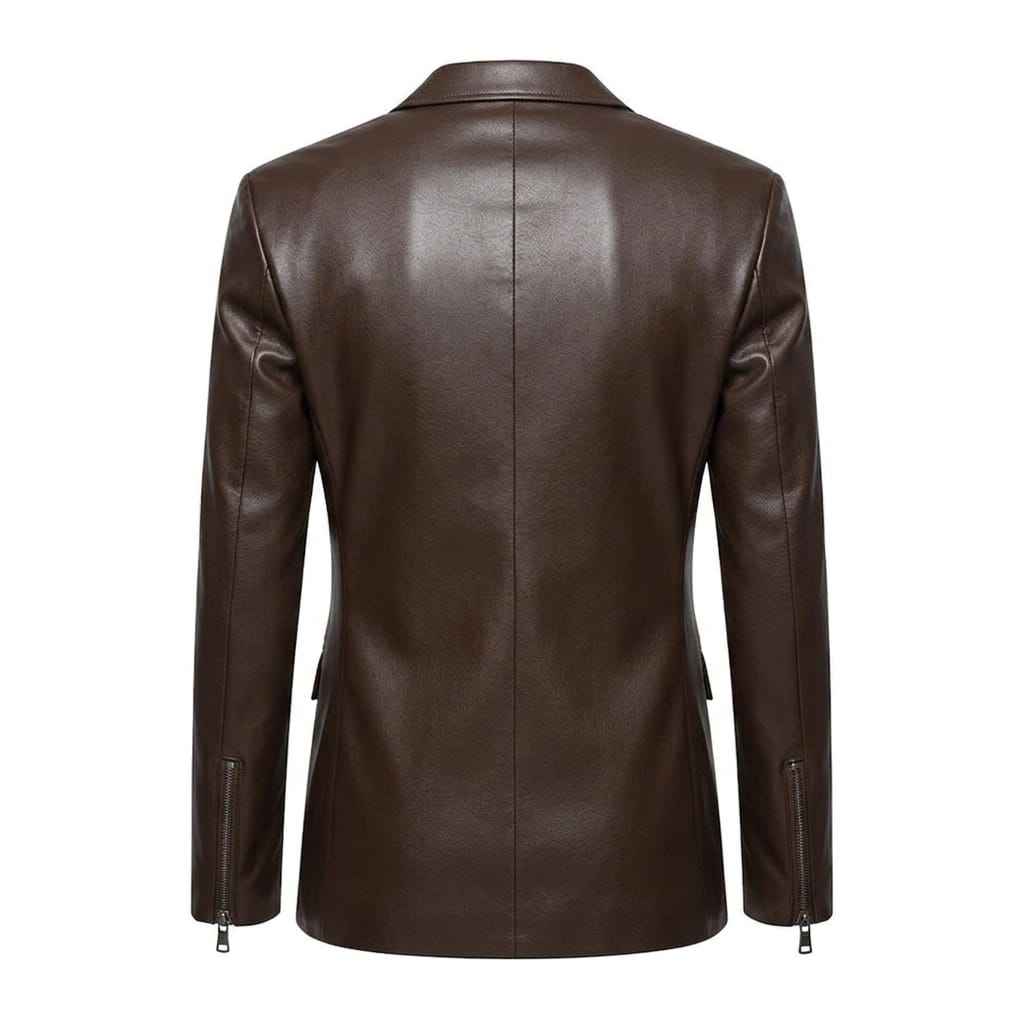 WOMEN'S SLIM FIT BROWN LEATHER BLAZER COAT