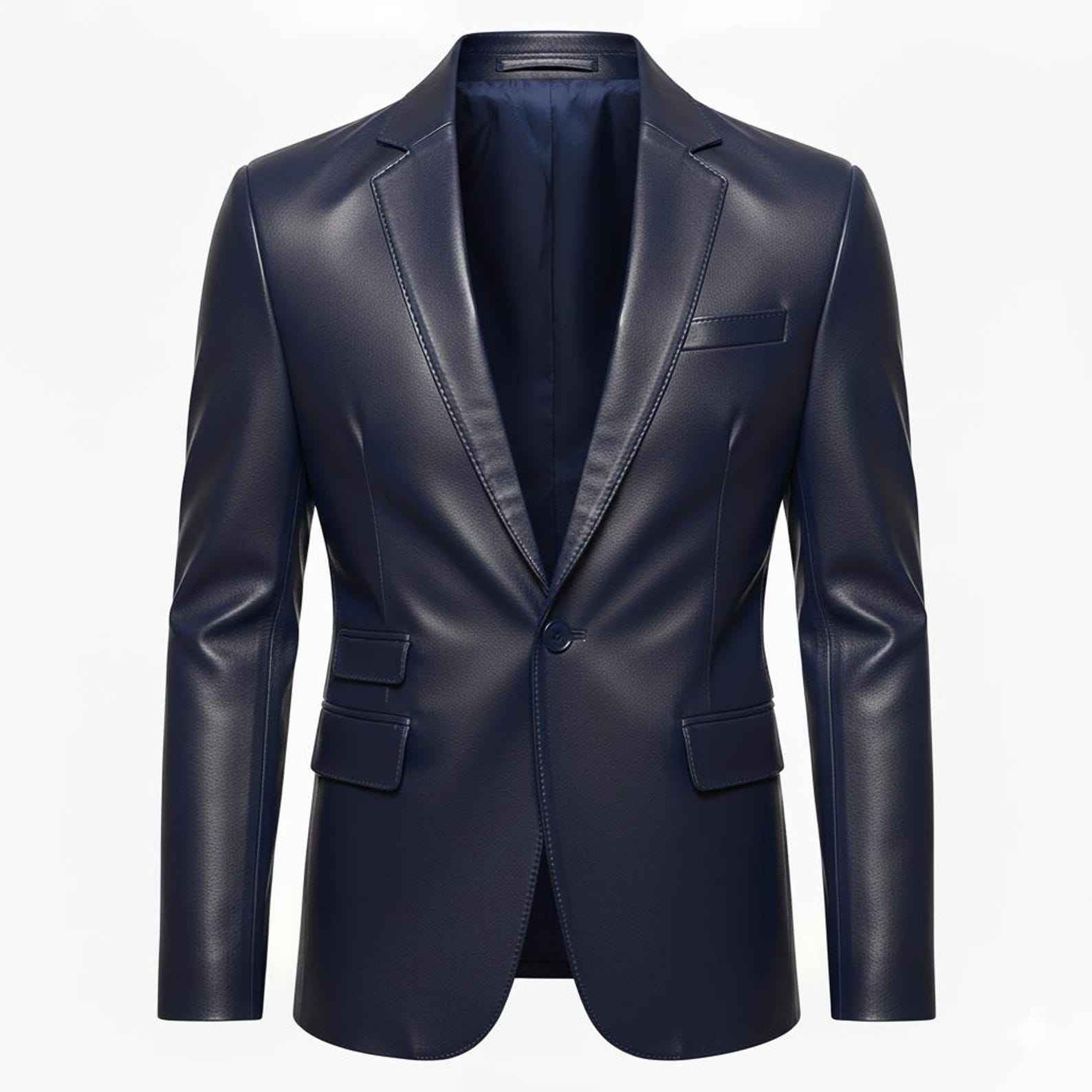 WOMEN'S SLIM FIT NAVY BLUE LEATHER BLAZER COAT