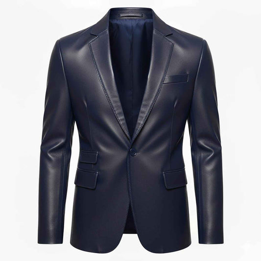 WOMEN'S SLIM FIT NAVY BLUE LEATHER BLAZER COAT