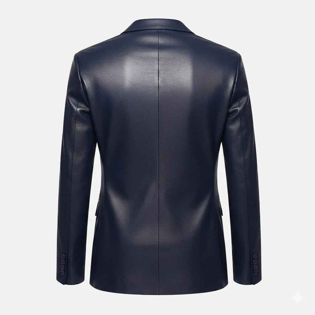 WOMEN'S SLIM FIT NAVY BLUE LEATHER BLAZER COAT